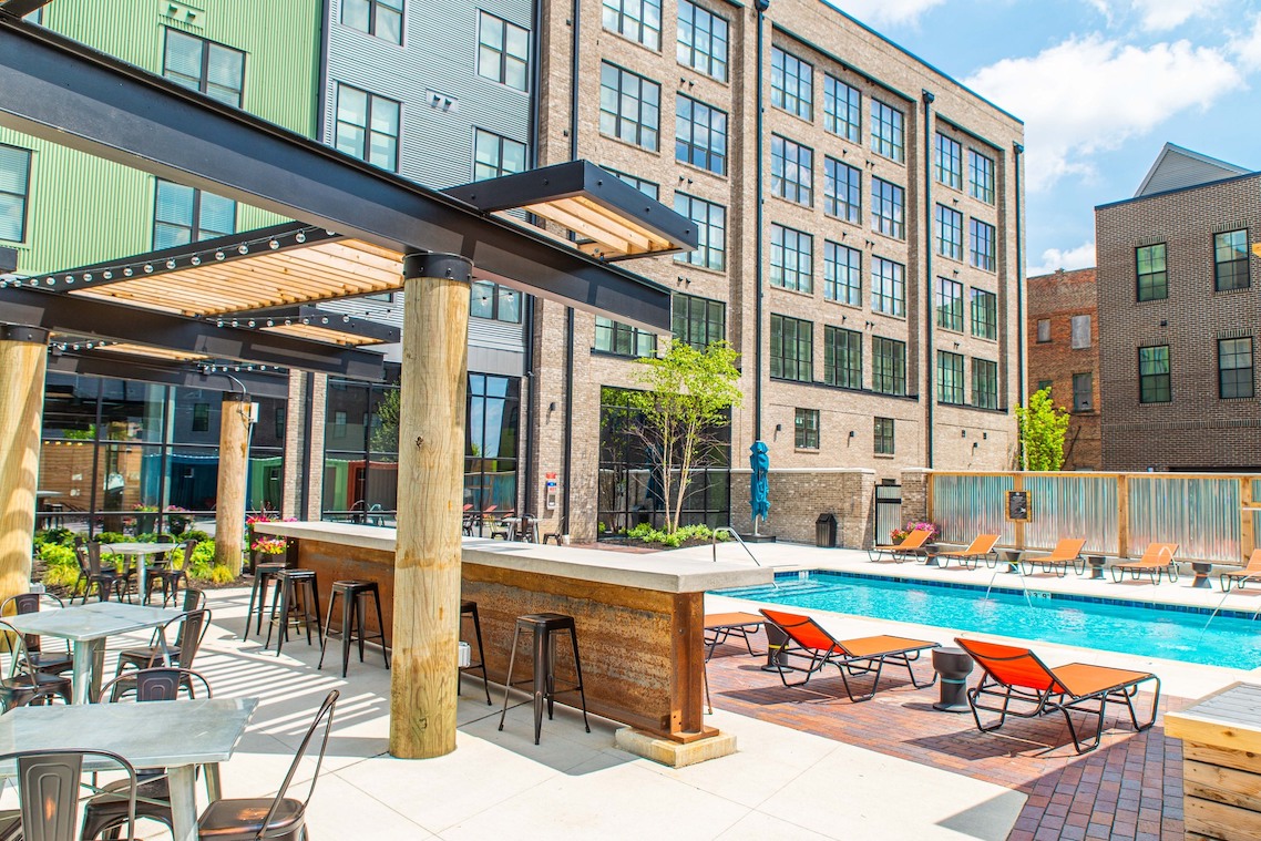 Clubhouse pool in the community of a furnished apartment in downtown Columbus