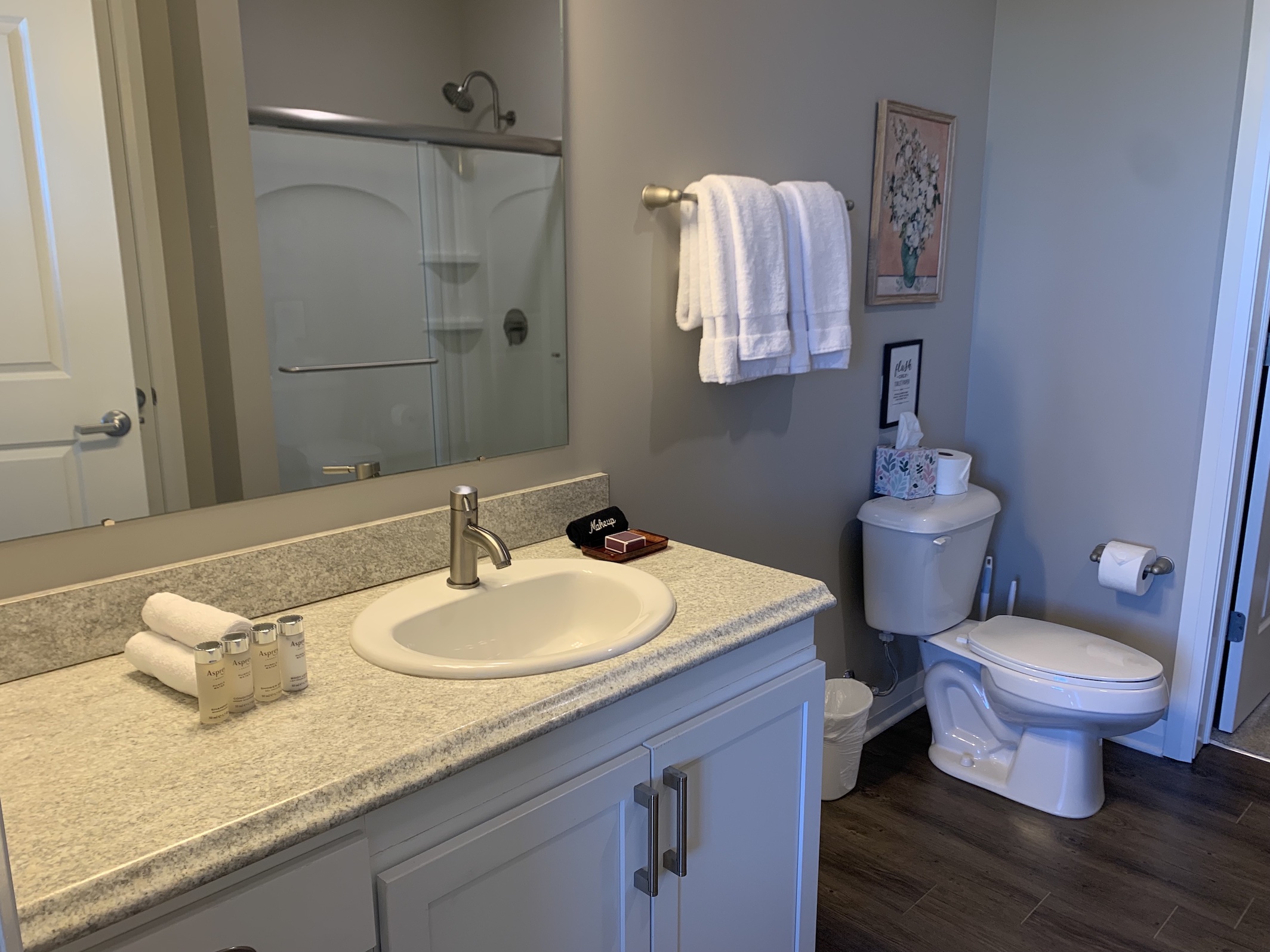 A clean bathroom with a walk-in shower, toilet, and vanity with mirror in a furnished apartment in Downtown Columbus