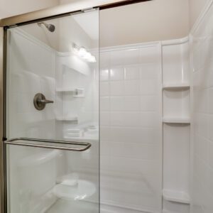 Walk-in shower in the guest bathroom of a furnished apartment in Westerville Ohio