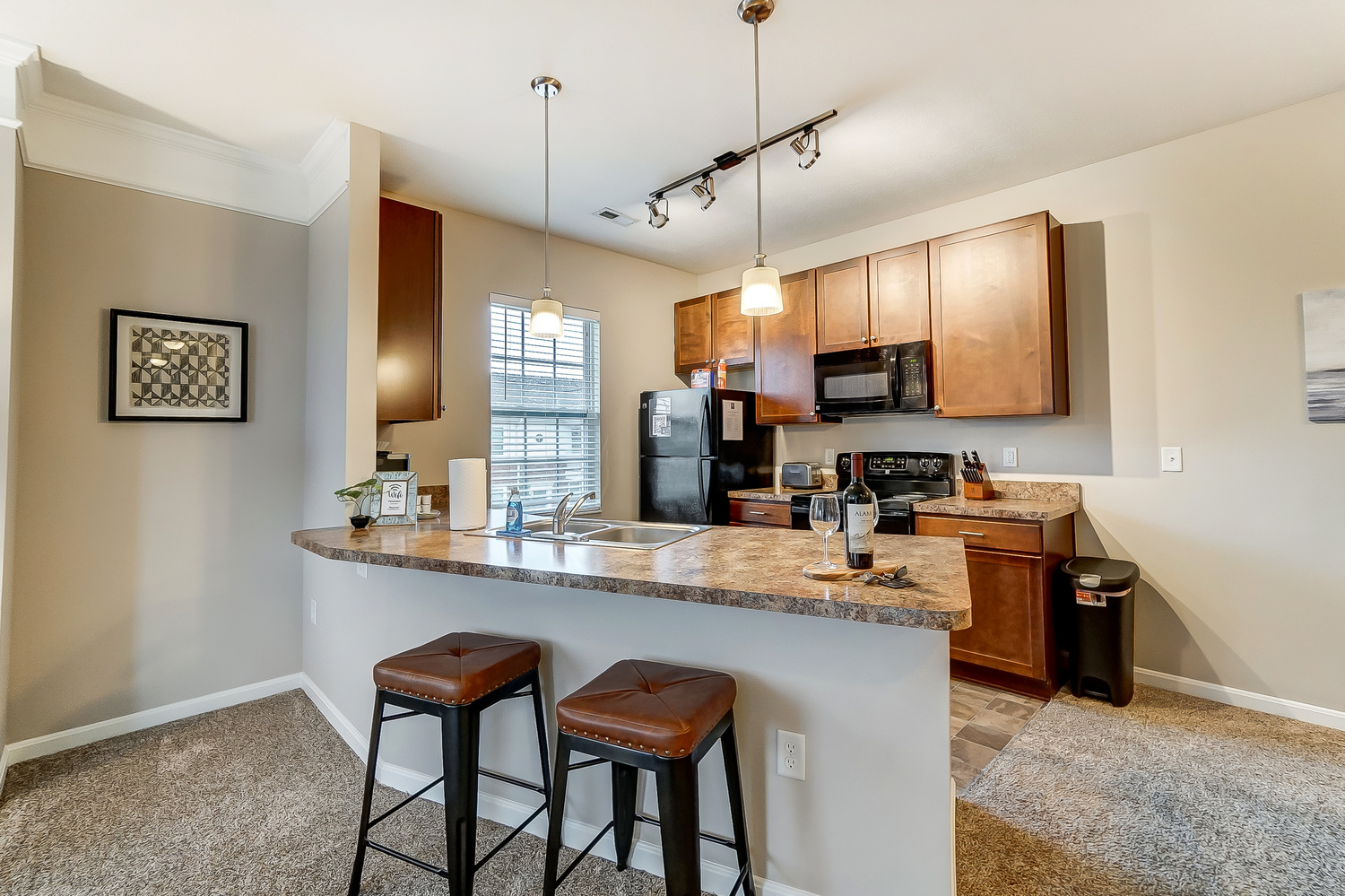 A fully stocked kitchen in a furnished apartment near New Albany Ohio