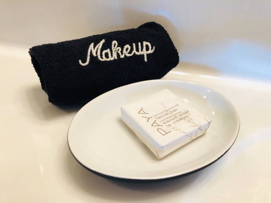 A vanity with a soap dish and a makeup cloth in a furnished apartment in Downtown Columbus