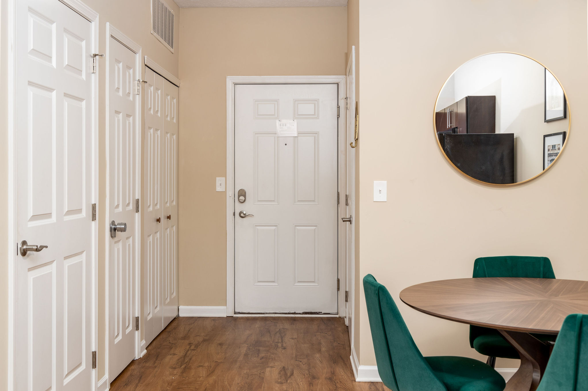 The inside of the front door in a furnished apartment near New Albany Ohio