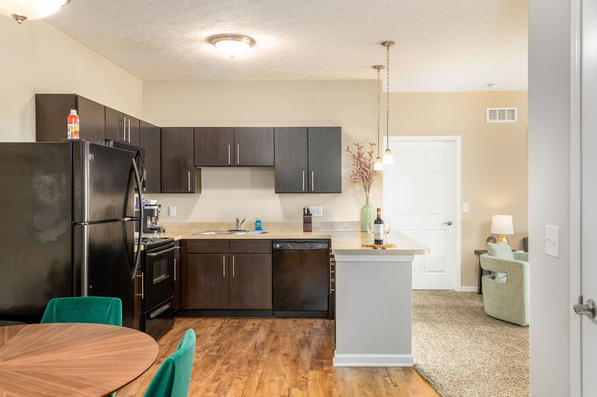 A fully stocked kitchen in a furnished apartment near New Albany Ohio