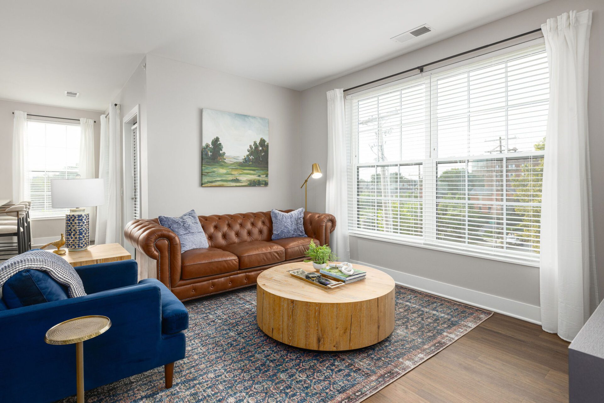 Living room with couch in a downtown furnished apartment in Columbus Ohio.