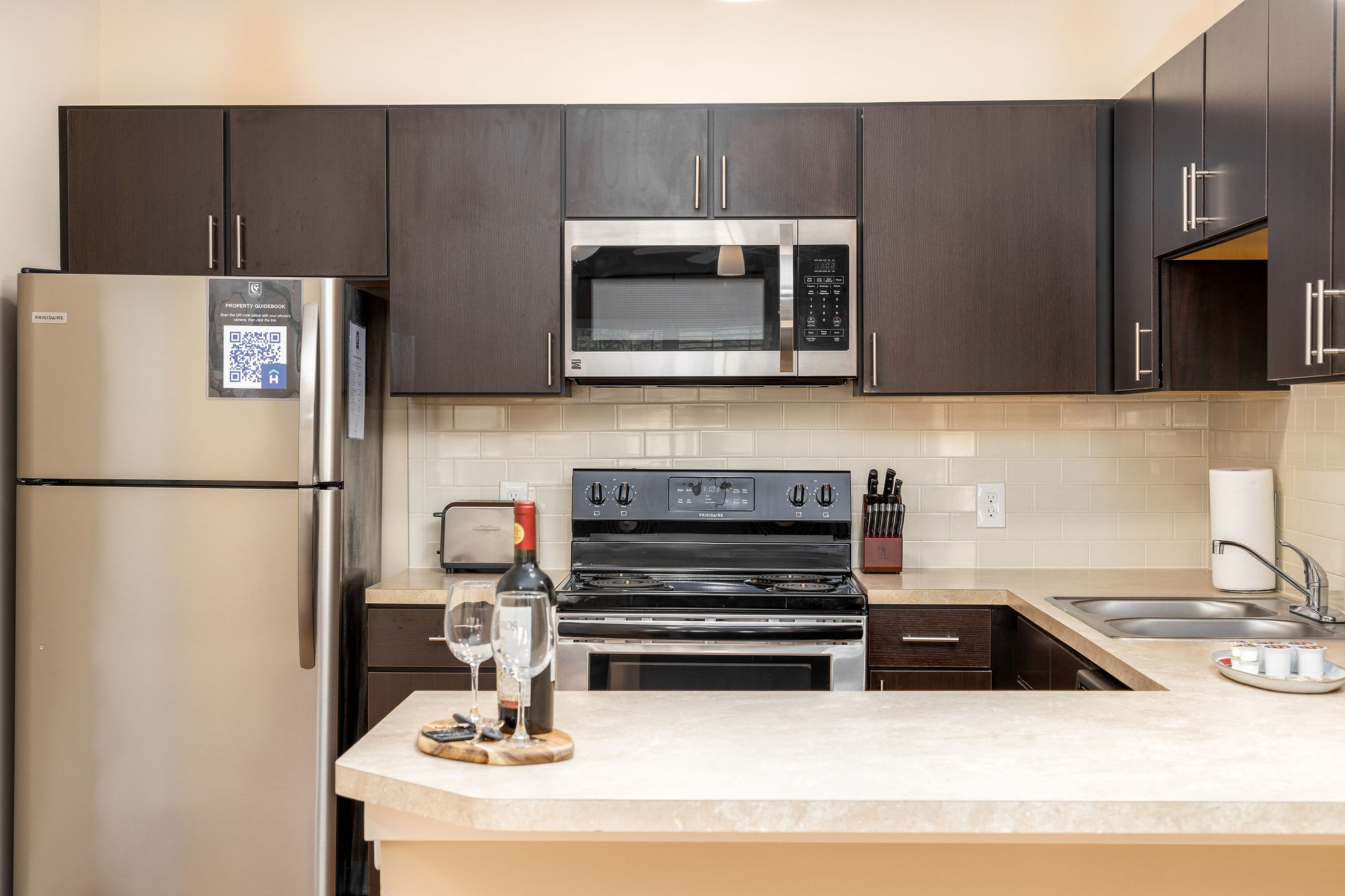 A fully stocked kitchen in a furnished apartment near New Albany Ohio