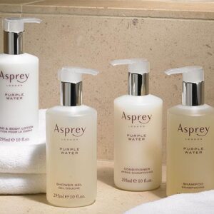 Bottles of Asprey toiletries provided in a furnished apartment in Dublin Ohio